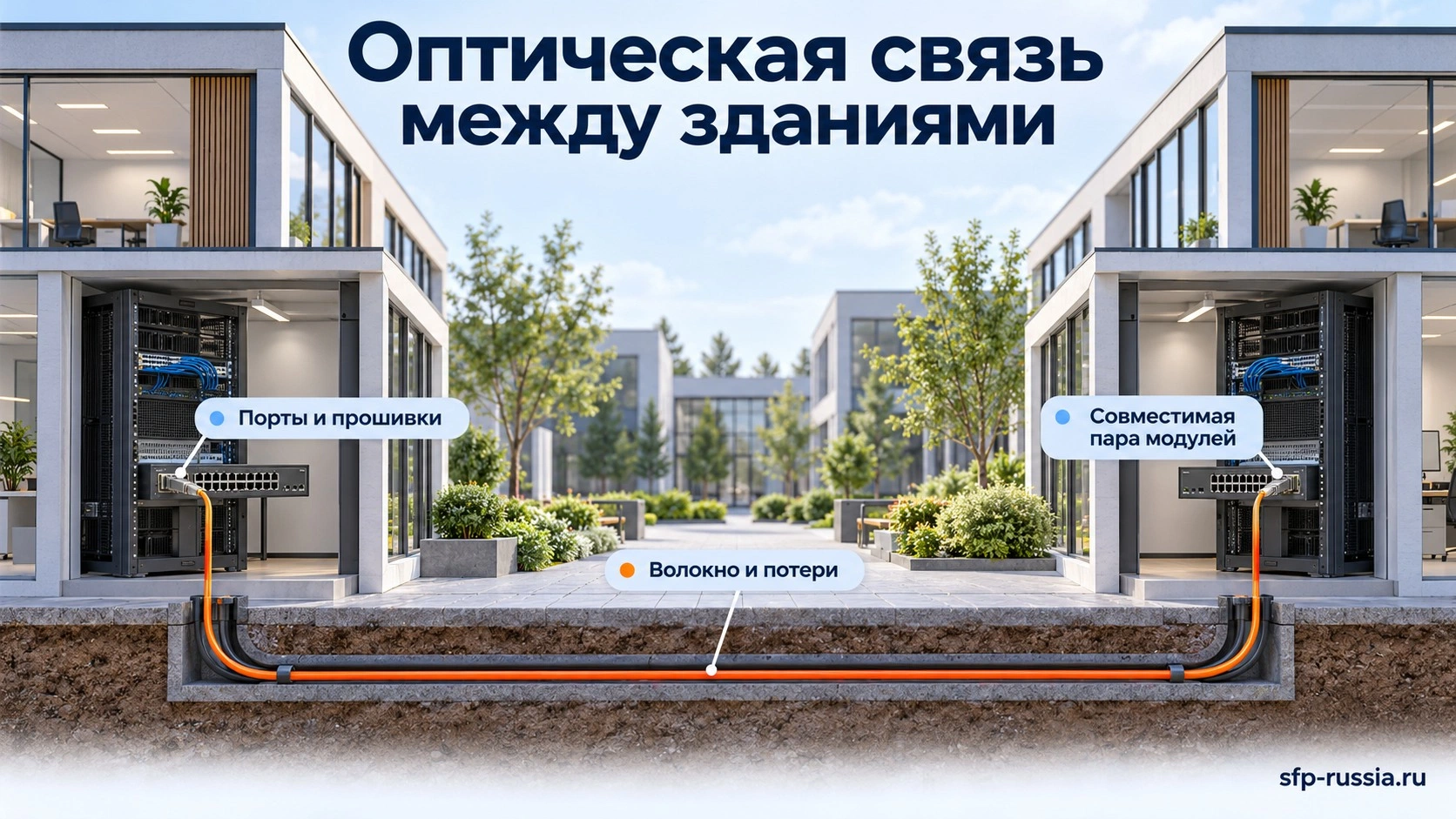 Оптическая линия между двумя зданиями: оборудование на обоих концах, трасса и согласованная пара SFP